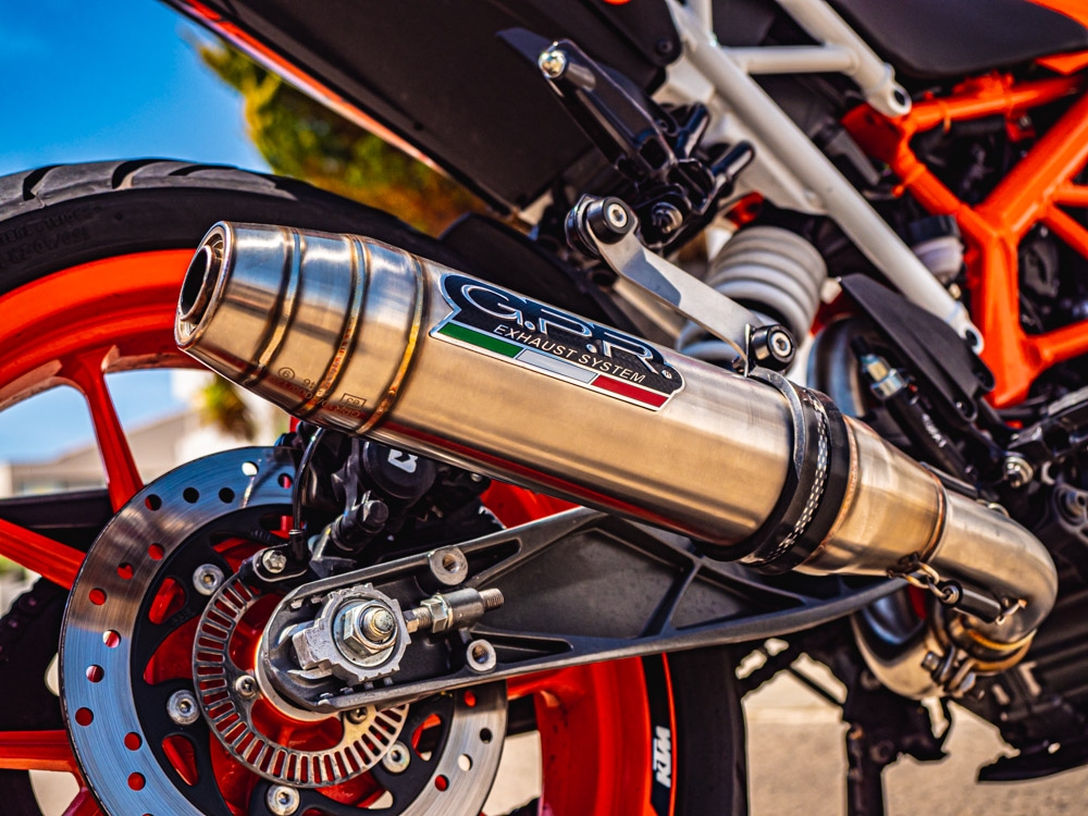 GPR exhaust compatible with  Ktm Duke 125 2017-2020, Deeptone Inox, Homologated legal slip-on exhaust including removable db killer and link pipe 