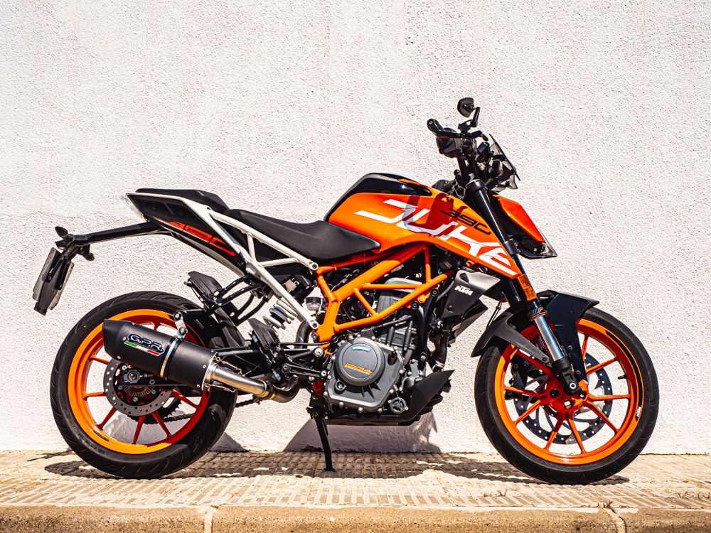 GPR exhaust compatible with  Ktm Duke 200 2012-2024, Furore Nero, Homologated legal slip-on exhaust including removable db killer, link pipe and catalyst 