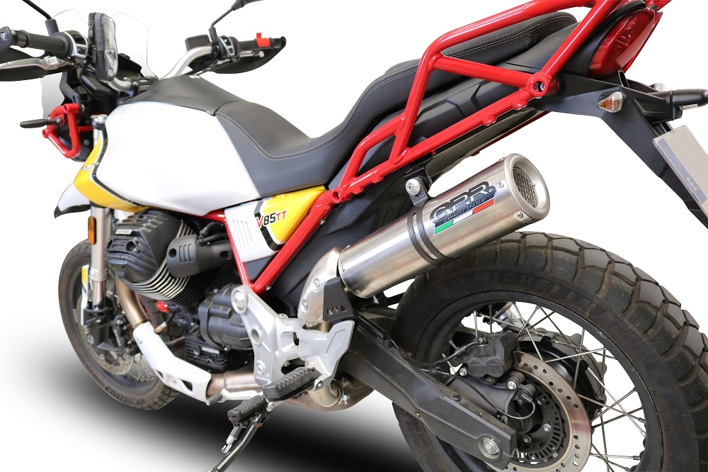 GPR exhaust compatible with  Moto Guzzi V85 TT 2019-2020, M3 Titanium Natural, Homologated legal slip-on exhaust including removable db killer and link pipe 