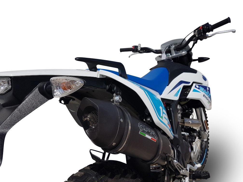 GPR exhaust compatible with  F.B. Mondial Smx 125 Enduro 2021-2023, Furore Nero, Slip-on exhaust legal for UK and non-EU markets including link pipe and removable db killer 