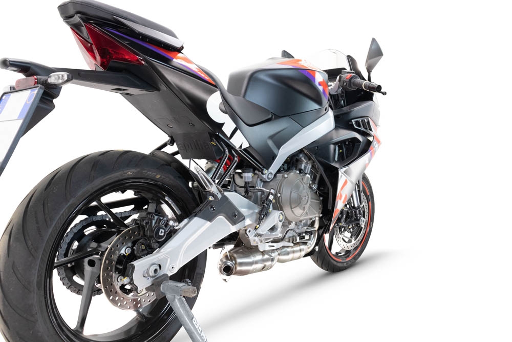 Exhaust compatible with Aprilia RS 457 2024-2025, Ghost Inox, Homologated legal full system exhaust, including removable db killer and catalyst 