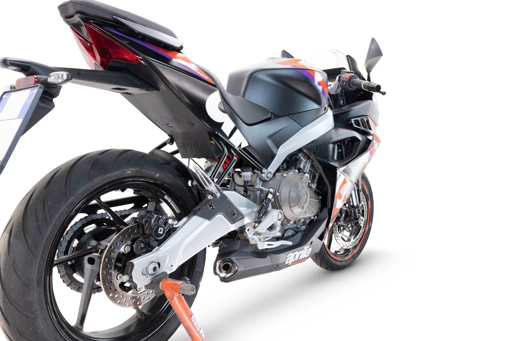 Exhaust compatible with Aprilia RS 457 2024-2025, Ghost Inox, Homologated legal full system exhaust, including removable db killer and catalyst 