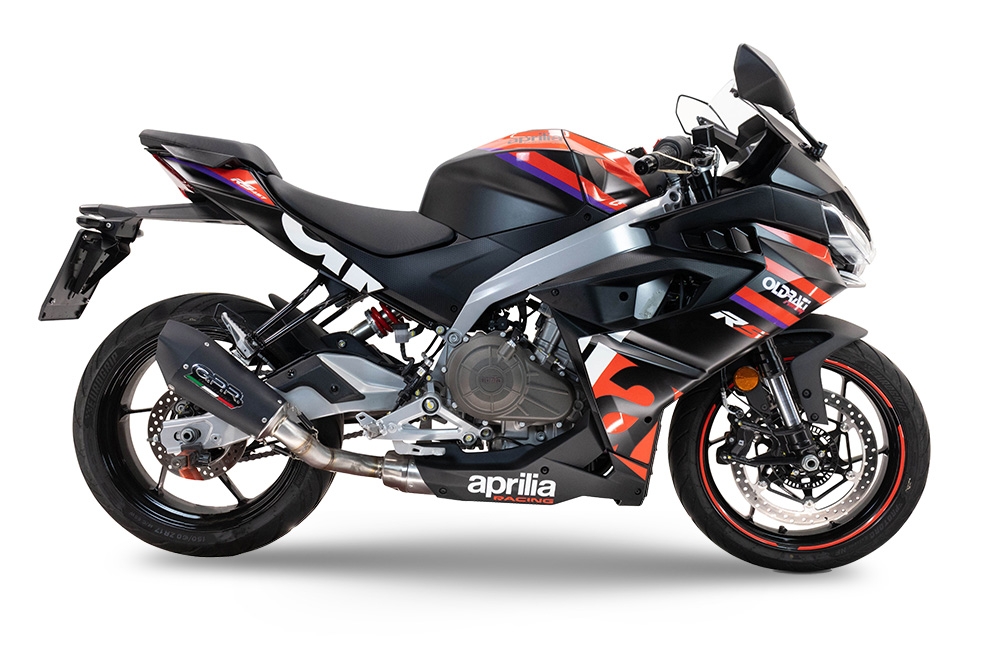 GPR exhaust compatible with  Aprilia RS 457 2024-2025, Gpe Ann. Black titanium, full system exhaust legal for UK and non-EU countries including removable db killer 