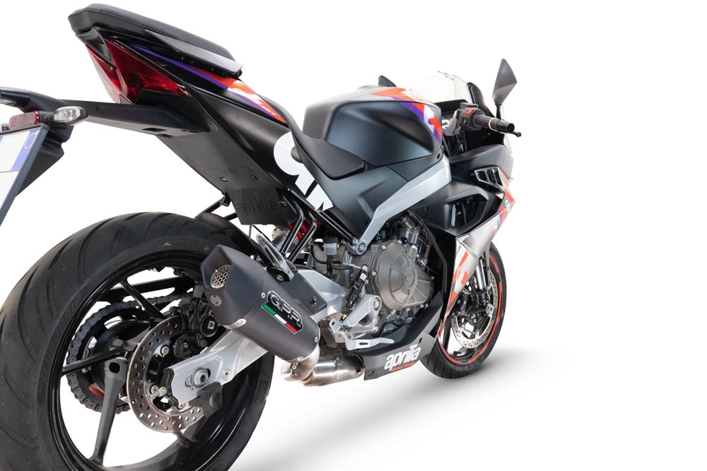 GPR exhaust compatible with  Aprilia RS 457 2024-2025, Gpe Ann. Black titanium, full system exhaust legal for UK and non-EU countries including removable db killer 